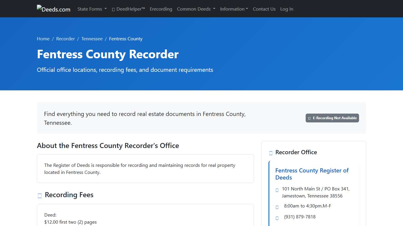 Fentress County Recorder Information, Tennessee - Deeds.com
