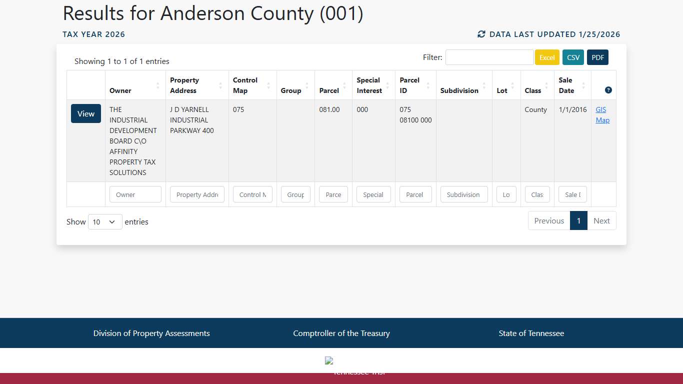 Tennessee Property Assessment Data Search Results